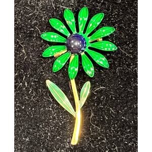 Vintage Flower Brooch Green & Blue Enamel on Metal - Gold Tone Stem Daisy Pin